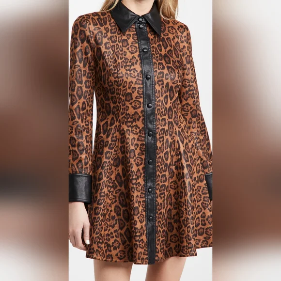 Stand Studio Dresses | Stand Studio Nara Leopard Print Vegan Faux Leather Mob Wife Shirt Dress Size 36 | Color: Black/Brown | Size: 36eu |